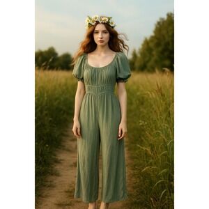 Jumpsuit Womens Small Green Gauzy Wide Leg Cottagecore Ethereal Fairy‎ Soft Girl